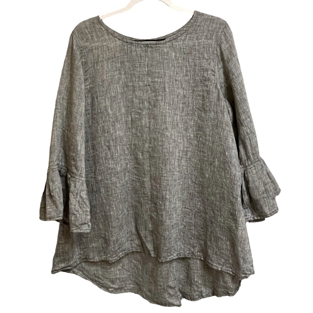 Crown Linen Designs Gray European Linen Belle Bell Sleeve Blouse Top Tunic Sz L